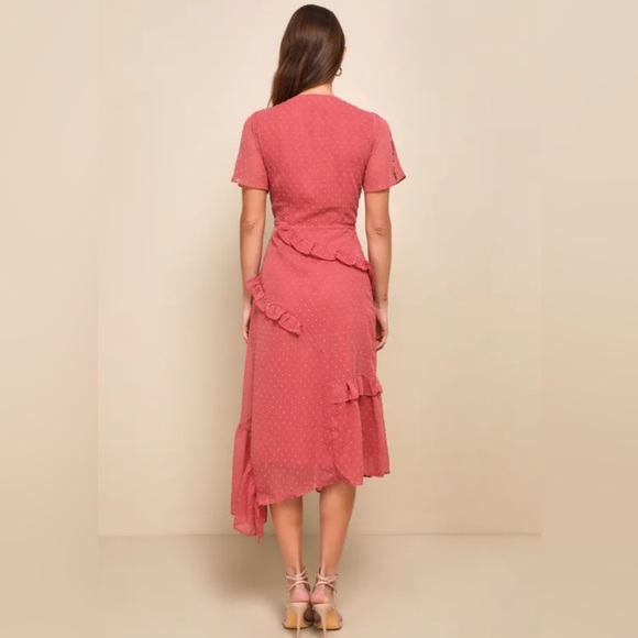 Next to You Rusty Rose Swiss Dot Ruffled Midi Dress - Picture 2 of 6